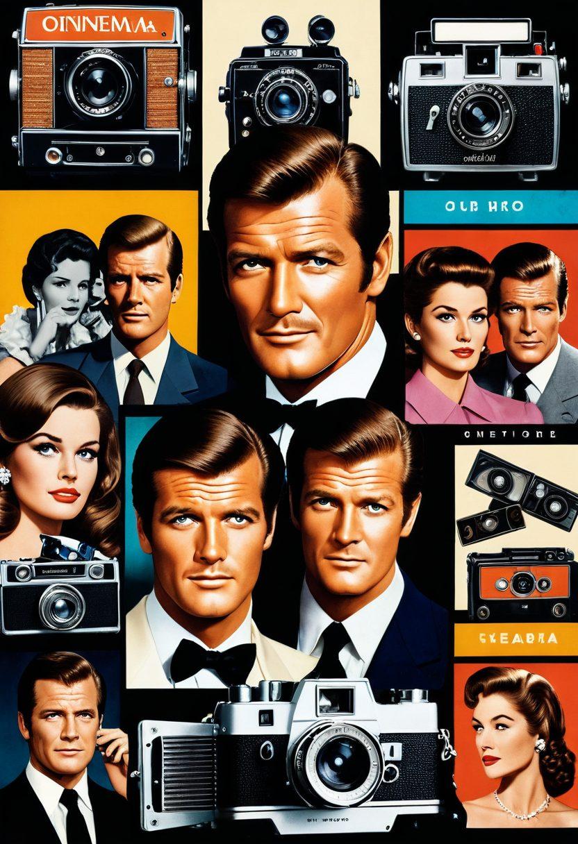 A cinematic collage showcasing heartwarming moments between Roger Moore and his co-stars across various films. Highlight devoted relationships with close-ups of their expressions, surrounded by iconic film elements like a vintage camera, film reels, and a classic cinema background. Use soft lighting to evoke nostalgia and warmth. Capture a blend of action and romance, bringing out the essence of devotion. colorful retro style. vintage cinema theme.