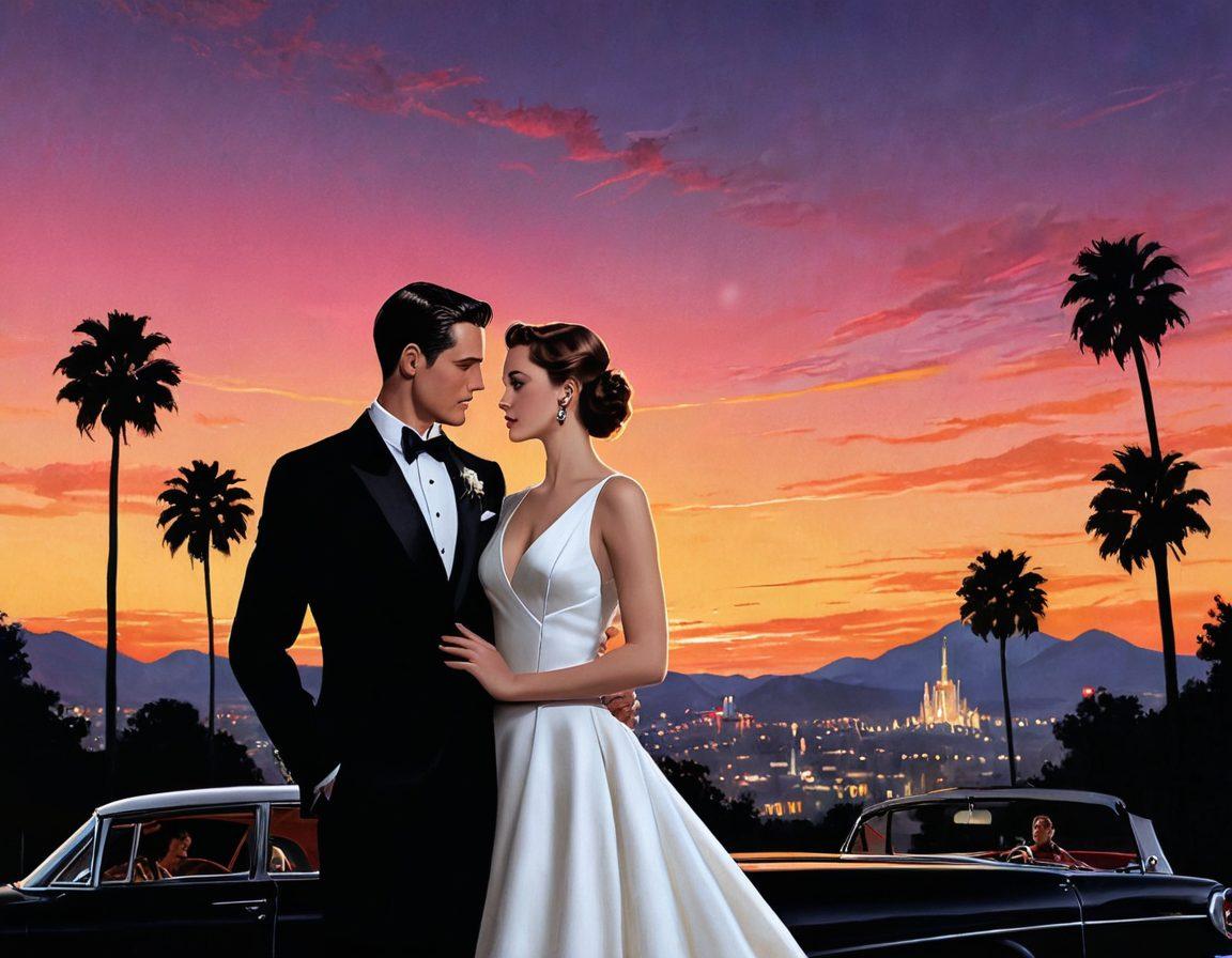 A charismatic figure in a tuxedo, reminiscent of a classic Hollywood actor, stands under a romantic twilight sky, surrounded by iconic scenes of love from classic films. In the background, silhouettes of couples dancing and sharing tender moments, interspersed with elegant film reels. Soft, nostalgic lighting casts a warm glow, evoking a sense of romance and devotion. super-realistic. vibrant colors. nostalgic atmosphere.