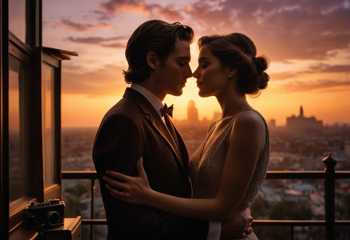 A romantic scene featuring a couple sharing a passionate embrace on a movie set, surrounded by iconic film elements like vintage cameras and script pages. The background captures a dreamy sunset, symbolizing intimacy and connection, while hints of classic film noir style add depth. Include soft lighting that highlights the actors' expressions of love and yearning. surrealism. warm tones. elegant and cinematic.